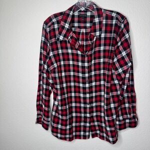 Talbots Womens Red Black White Plaid Flannel Shirt Button Up Long Sleeve Size L